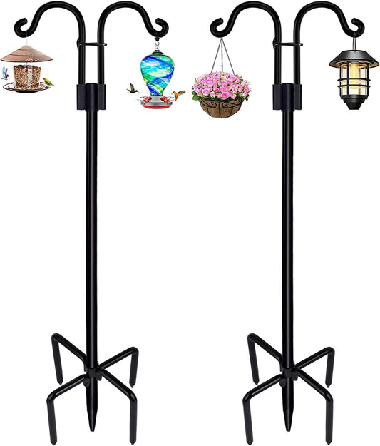 Double Shepherds Hooks for Outdoor, 2 Pack 60 Inch Bird Feeder Pole with 5 Prongs Base, Heavy Duty Garden Hook for Hanging Plant, Lantern, Hummingbird Feeder