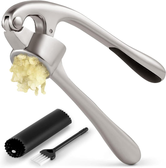 Garlic Press with Soft, Easy to Squeeze Handle - Includes Silicone Garlic Peeler & Cleaning Brush