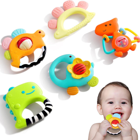 Dinosaur Baby Rattles, Infant Shaker, Newborn Grab N Shake Rattle, Sensory Teether, Development Learning Teeth Toy