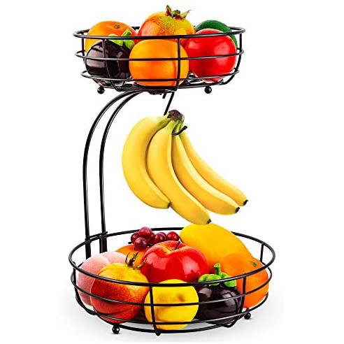 Iron 2-Tier Countertop Fruit Vegetables Basket Bowl Storage With Banana Hanger