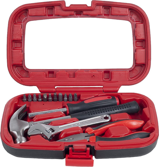 Home Improvement Tool Kit - 15-Piece Household Hand Tools Essentials Set in Durable Plastic Carrying Case for Home, Office, and Car by Stalwart (Red)